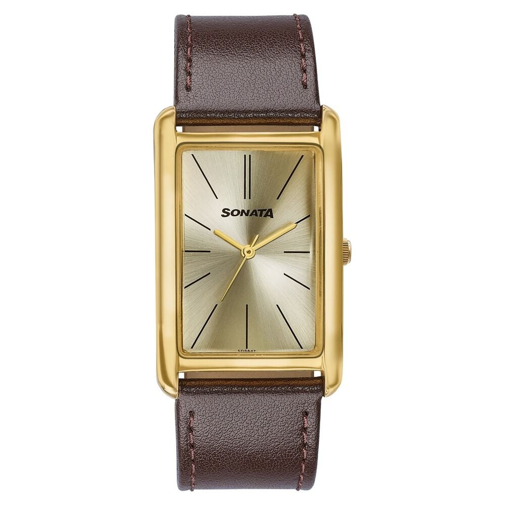 Sonata Ascent Gold Rectangular Watch with Brown Leather-image-44