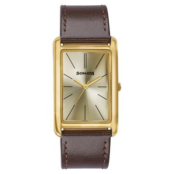 Sonata Ascent Gold Rectangular Watch with Brown Leather