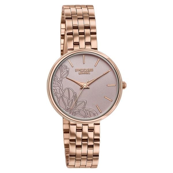 Poze Poze Quartz Analog Beige Dial Rose Gold Metal Strap Watch For Women - image number 2