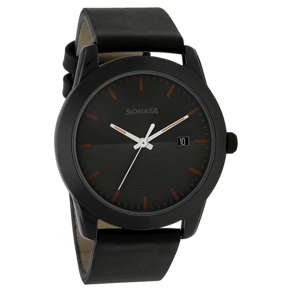 Sonata Quartz Analog with Date Anthracite Dial Leather Strap Watch for Men - image number 1