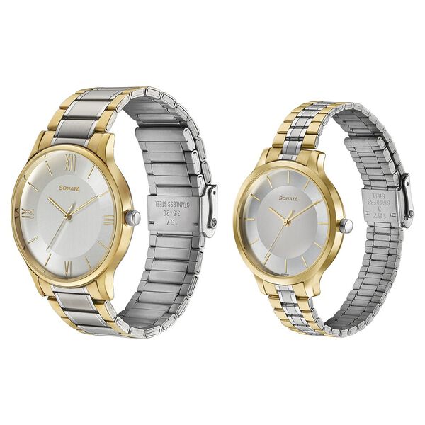 Sonata Modern Bandhan Quartz Analog Silver Dial Stainless Steel Strap Watch for Couple - image number 2