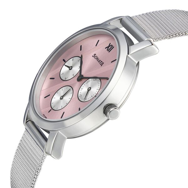 Sonata Multifunctions Pink Dial Women Watch With Metal Strap - image number 3