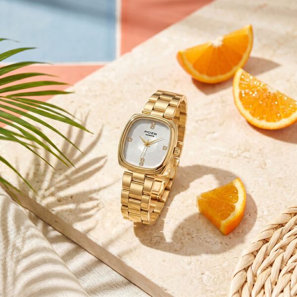 Poze By Sonata Quartz Analog White Dial Golden Stainless Steel Strap Watch For Women - image number 0