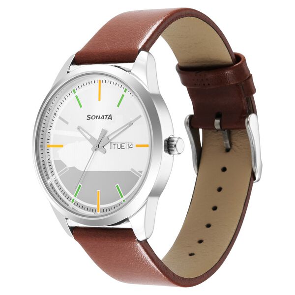 Sonata Force Quartz Analog with Day and Date Silver Dial Leather Strap Watch for Men - image number 1