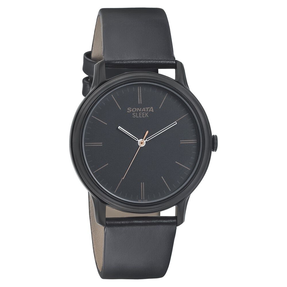 Sonata Quartz Analog Black Dial Leather Strap Watch for Men