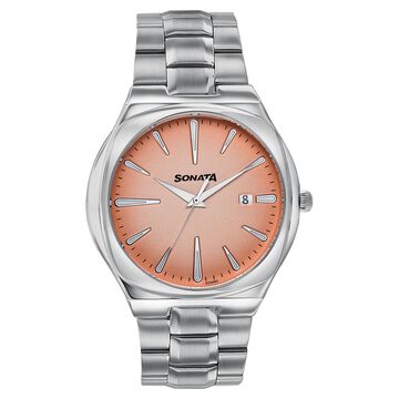 Sonata Festive Quartz Analog Peach Dial Silver Metal Strap Watch For Men