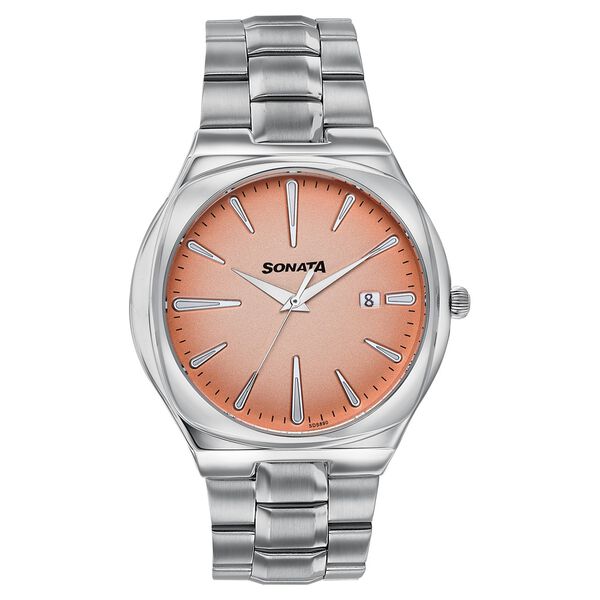Sonata Festive Quartz Analog Peach Dial Silver Metal Strap Watch For Men - image number 0