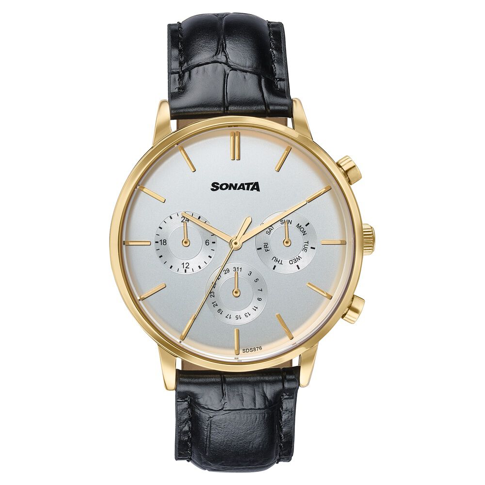 Sonata Festive Quartz Multifunction Two Toned Dial Black Leather Strap Watch For Men-image-30