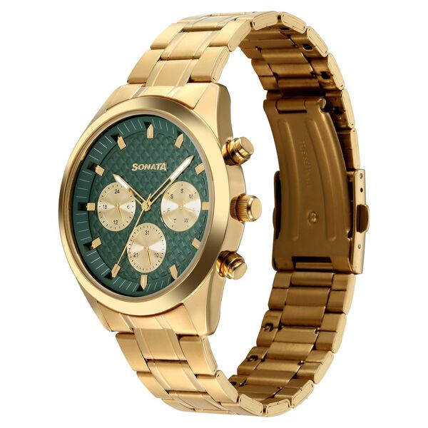 Sonata Summit Quartz Multifunction Green Dial Golden Metal Strap Watch For Men - image number 2