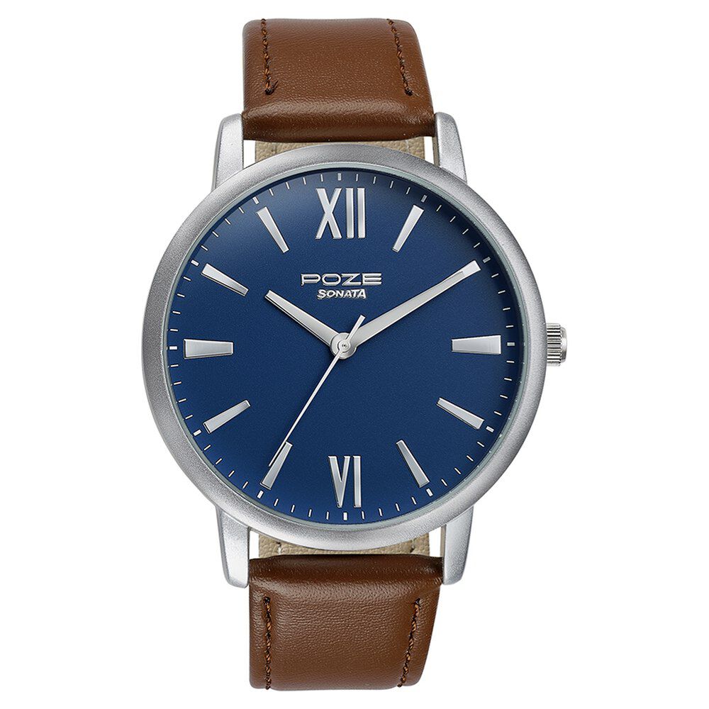 Buy Online Sonata Poze Quartz Analog Blue Dial Leather Strap Watch for Men sp70039sl02w Sonata