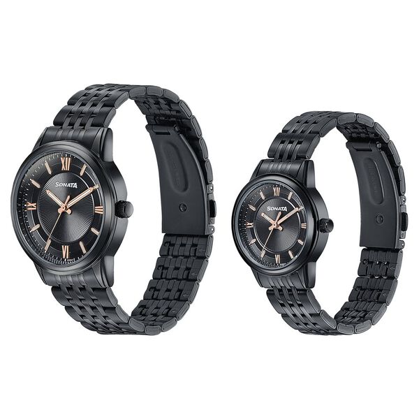 Sonata Wedding Edit Quartz Analog Black Dial Stainless Steel Strap Watch For Pair - image number 3