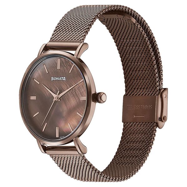 Sonata Quartz Analog Brown Dial Brown Stainless Steel Strap Watch For Women - image number 3
