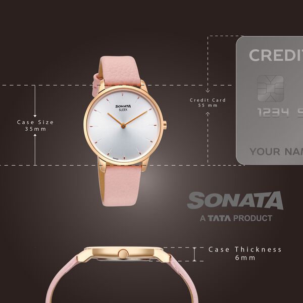Sonata Sleek Women Silver Dial Blush Pink Leather Strap Watch - image number 3