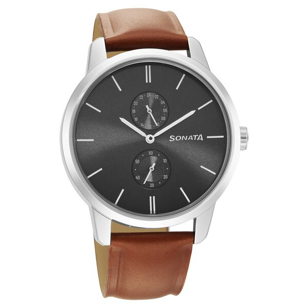 Sonata Quartz Multifunction Grey Dial Leather Strap Watch for Men - image number 0