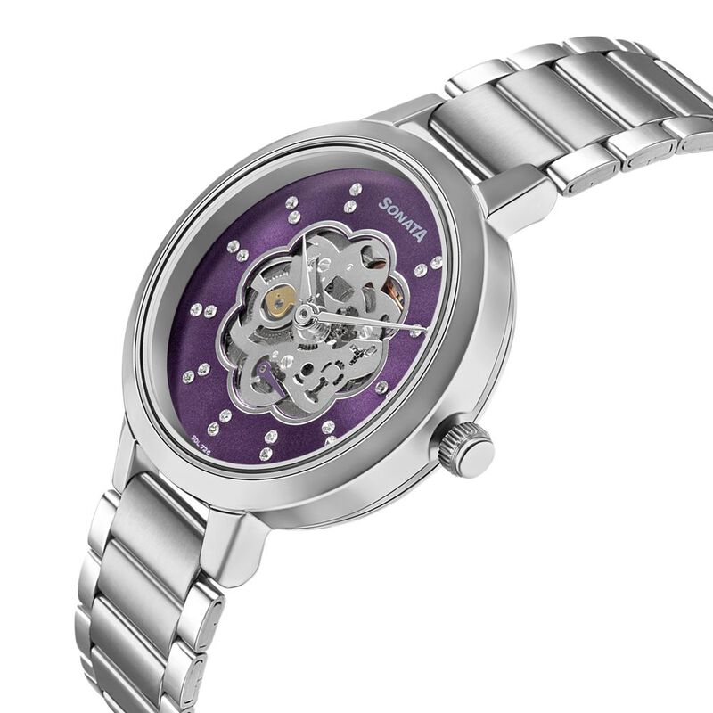 Sonata Unveil Quartz Multifunction Purple Dial Stainless Steel Strap Watch for Women - image number 2