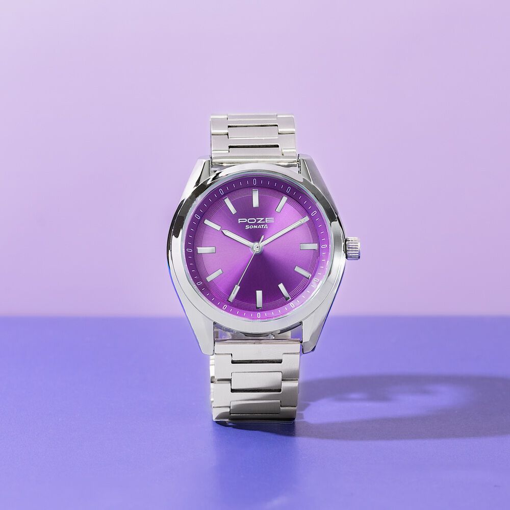 Sonata Poze Quartz Analog Purple Dial Metal Strap Watch For Men-image-10