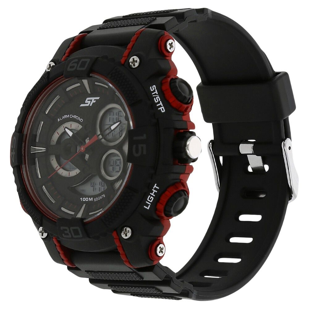 SF Quartz Analog Digital Black Dial Plastic Strap Watch for Men