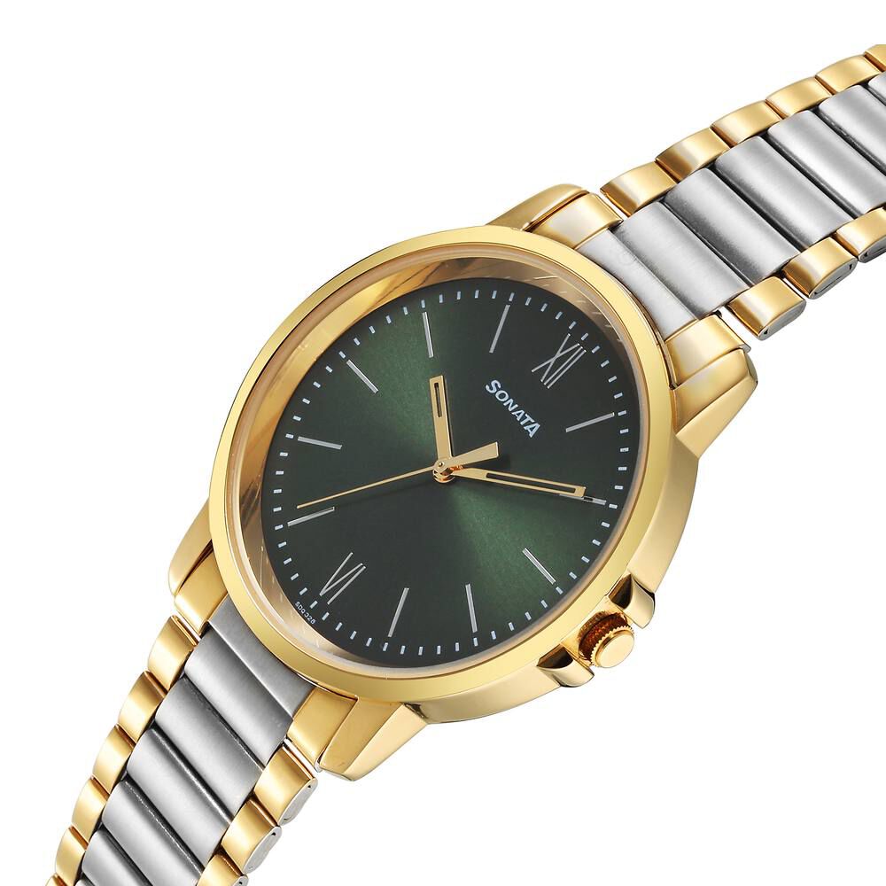 Buy Online Sonata Traditional Essentials Quartz Analog Green Dial Stainless Steel Strap Watch for Men 77083bm01 Sonata
