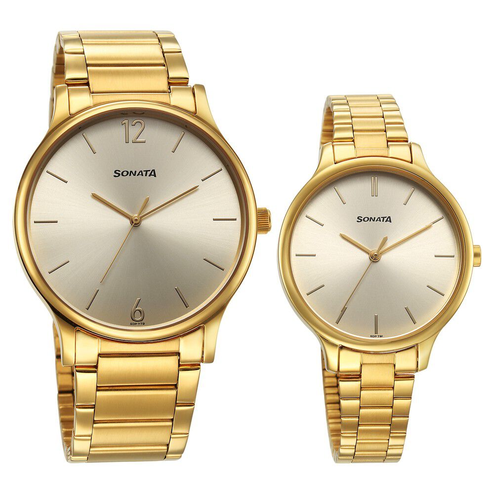 Buy Online Sonata Pair Quartz Analog Champagne Dial Stainless Steel Strap Watch for Couple 7710587050ym01 p Sonata