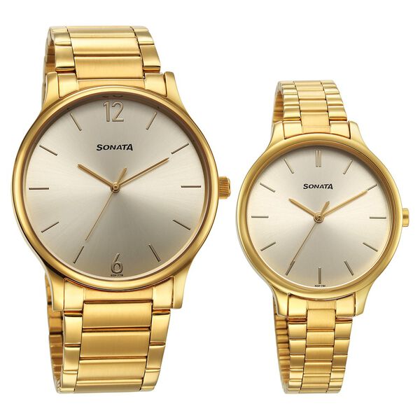 Sonata Pair Quartz Analog Champagne Dial Stainless Steel Strap Watch for Couple - image number 0