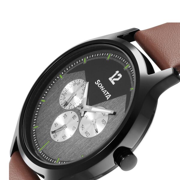 Sonata Force Quartz Multifunction Grey Dial Leather Strap Watch for Men - image number 4