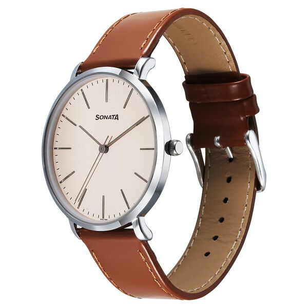 Sonata Ascent Quartz Analog Off White Dial Leather Strap Watch For Men - image number 2
