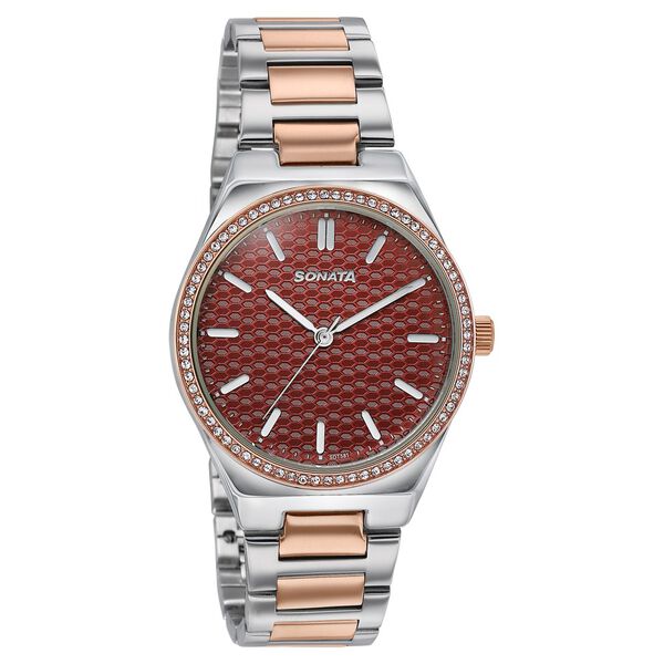 Sonata Jashn Quartz Analog Maroon Dial Two Toned Metal Strap Watch For Women - image number 1