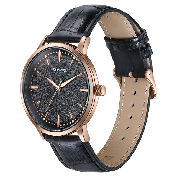 Sonata Jashn Quartz Analog Black Dial Black Leather Strap Watch For Men - image number 2