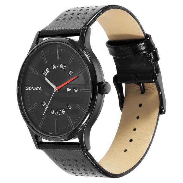 Sonata RPM Black Dial Leather Strap Watch for Men - image number 1