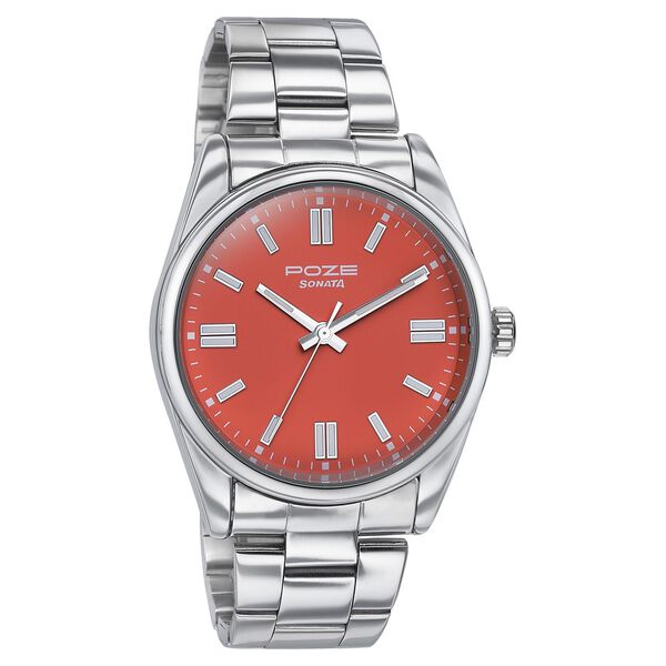 Sonata Poze Quartz Analog Orange Dial Silver Metal Strap Watch For Men - image number 2