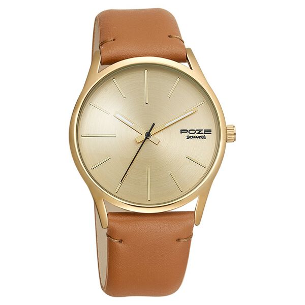 Poze by Sonata Quartz Analog Golden Dial PU Leather Strap Watch for Men - image number 1