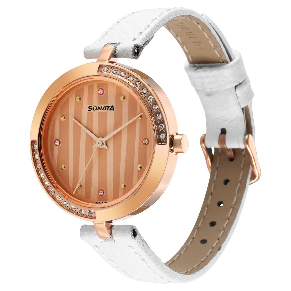Buy Online Sonata Utsav Rose Gold Dial White Leather Strap Watch