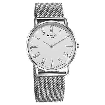 Sonata Sleek Quartz Analog White Dial Silver Stainless Steel Strap Watch For Men