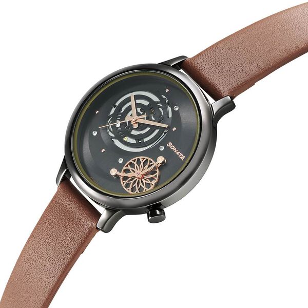 Sonata Unveil Quartz Analog Grey Dial Leather Strap Watch for Women - image number 2