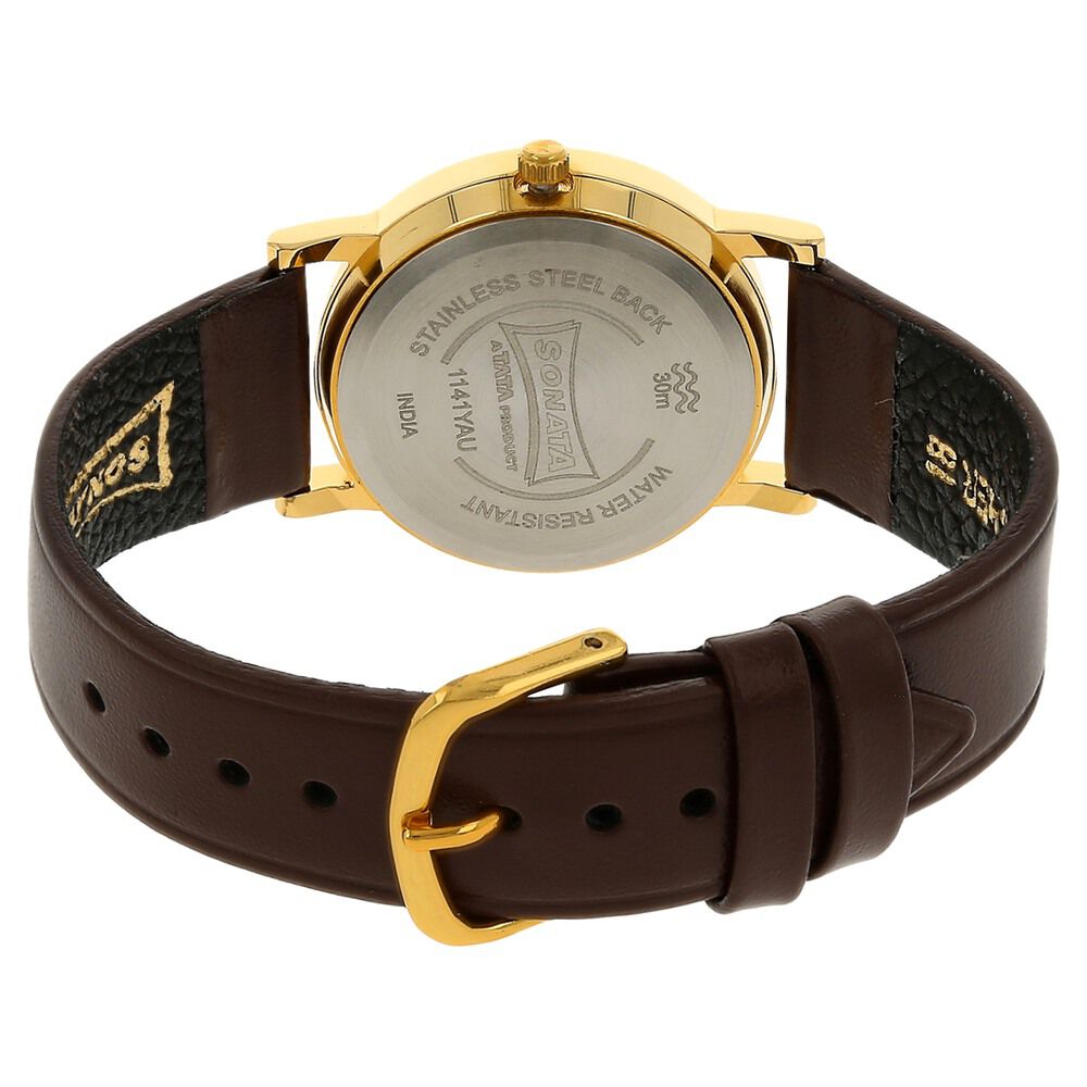 Buy Online Sonata Quartz Analog with Day and Date Champagne Dial Leather Strap Watch for Men nk1141yl13 Sonata