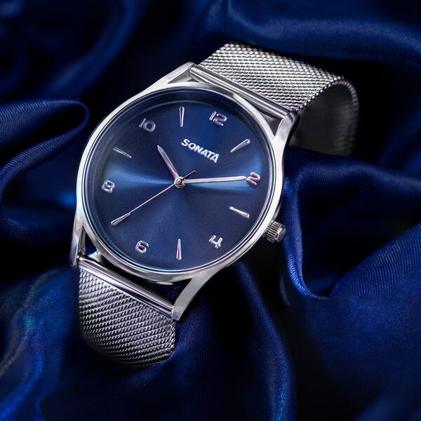 Sonata Quartz Analog Blue Dial Silver Stainless Steel Strap Watch For Men - image number 0