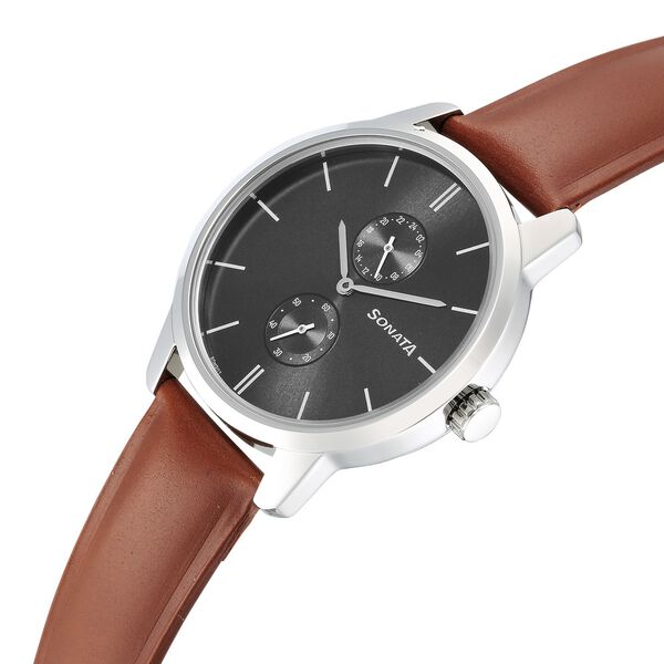 Sonata Quartz Multifunction Grey Dial Leather Strap Watch for Men - image number 2