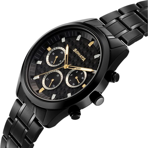 Sonata Summit Quartz Multifunction Black Dial Black Metal Strap Watch For Men - image number 4