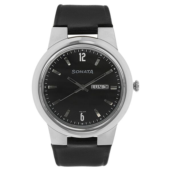 Sonata Quartz Analog Black Dial Leather Strap Watch for Men - image number 0