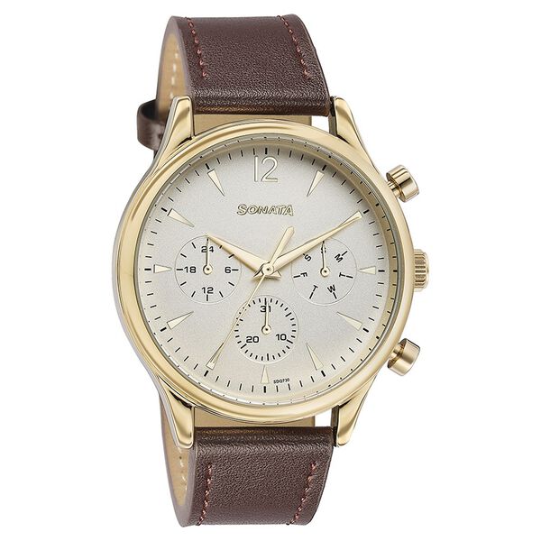 Sonata Quartz Multifunction Golden Dial Brown Leather Strap Watch For Men - image number 2