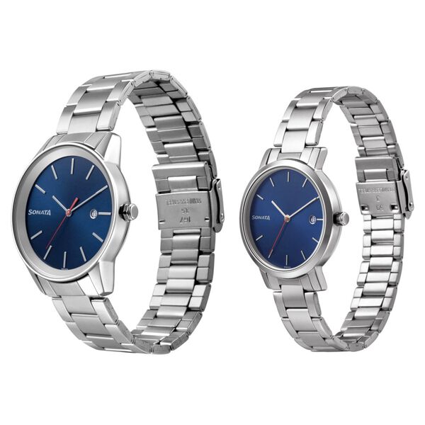 Sonata Quartz Analog with Date Blue Dial Metal Strap Watch for Couple - image number 1