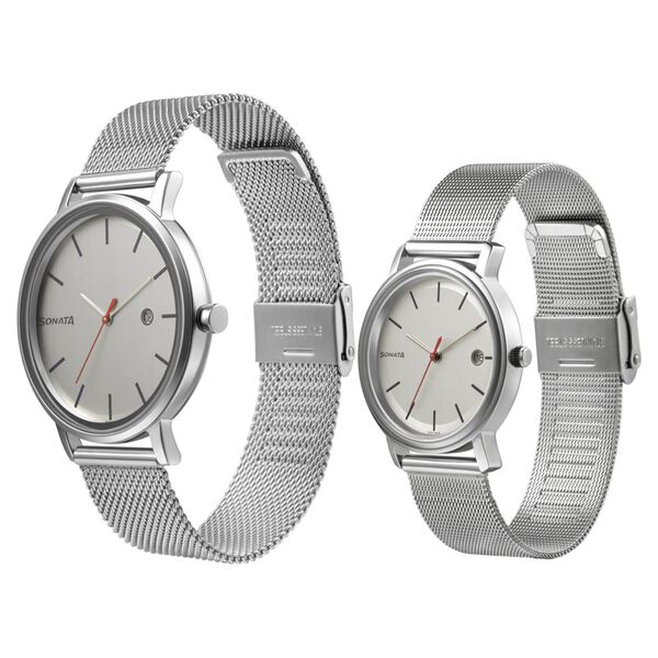 Sonata Quartz Analog with Date White Dial Metal Strap Watch for Couple - image number 1
