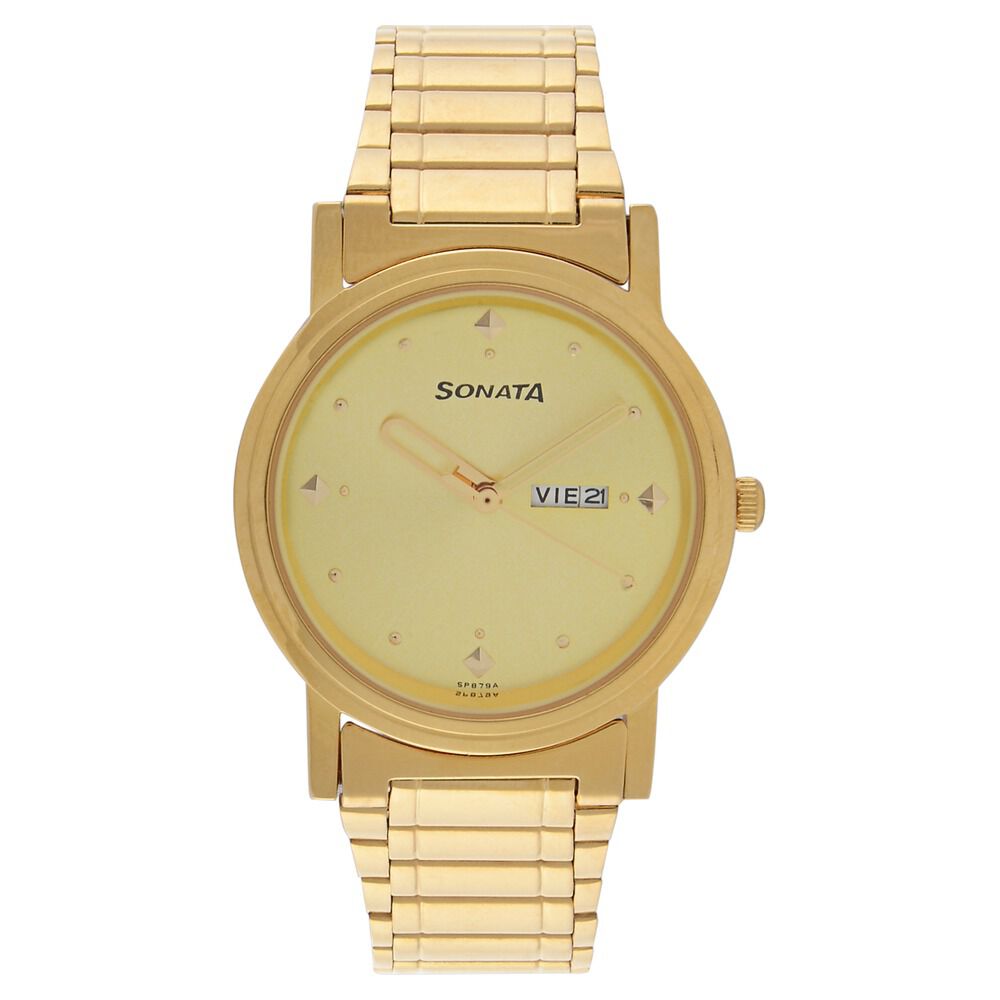 Buy Online Sonata Quartz Analog Champagne Dial Stainless Steel Strap Watch for Men ns1013ym24 Sonata