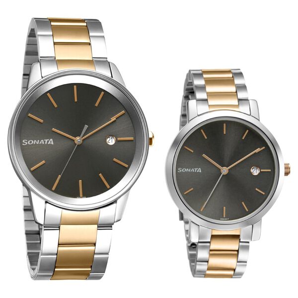Sonata Quartz Analog with Date Black Dial Metal Strap Watch for Couple - image number 0