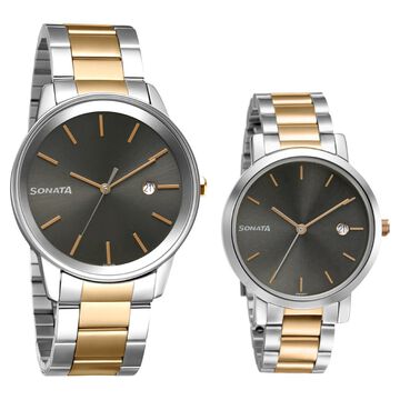 Sonata Quartz Analog with Date Black Dial Metal Strap Watch for Couple