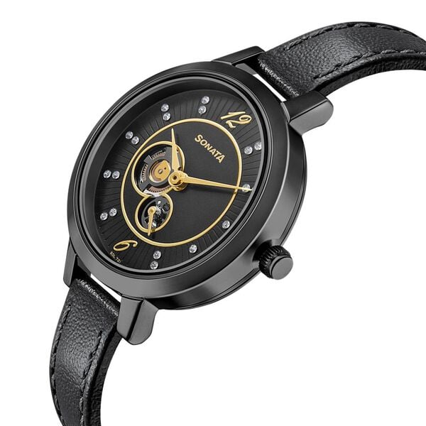 Sonata Unveil Black Dial Women Watch With Leather Strap - image number 2
