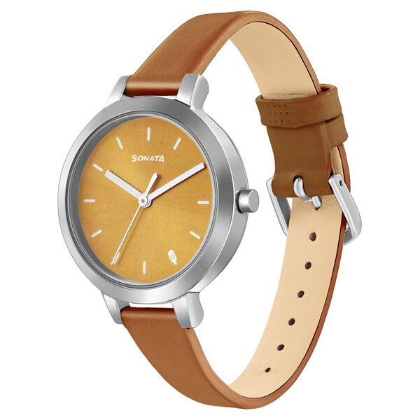 Sonata Play Yellow Dial Women Watch With Leather Strap - image number 1