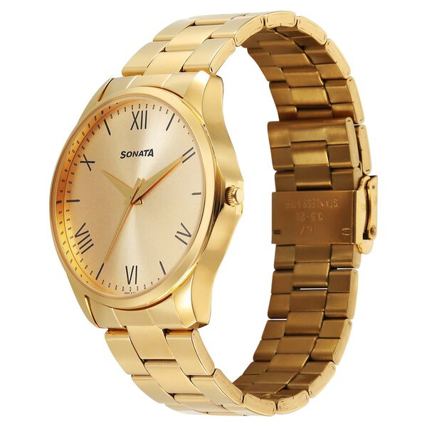 Sonata Traditional Essentials Quartz Analog Champagne Dial Golden Metal Strap Watch For Men - image number 1