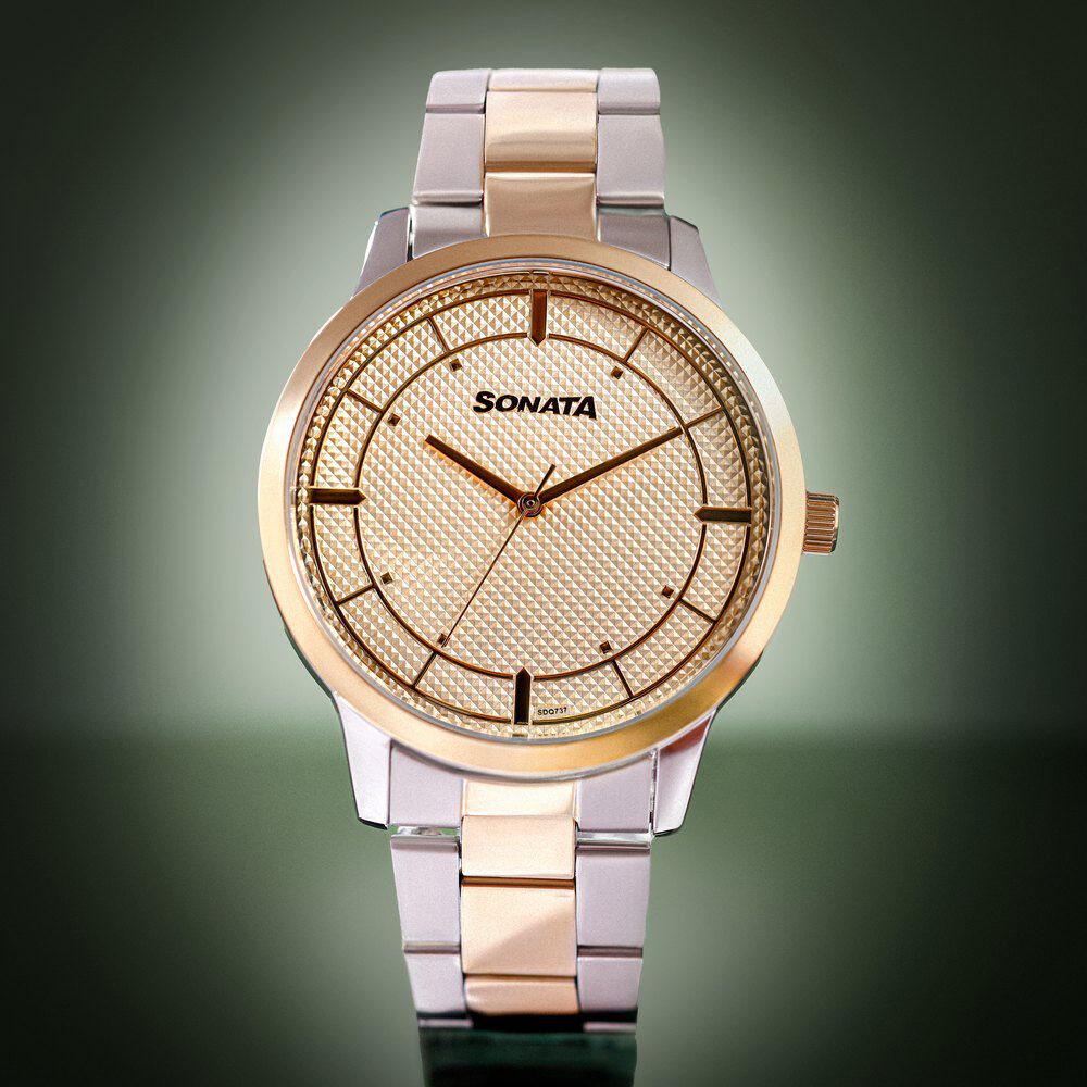 Buy Online Sonata Quartz Analog Golden Dial Two Toned Stainless Steel Strap Watch For Men 77148bm01 Sonata