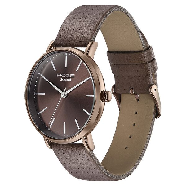 Sonata Poze Quartz Analog Brown Dial Leather Strap Watch for Men - image number 3